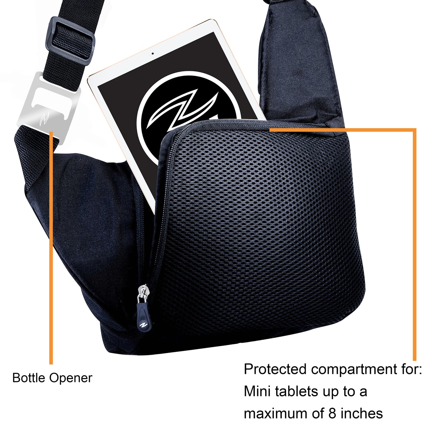 Zol Cross Bag for Tablet 7"-8" Ipad Mini, Galaxy Tab, Kindle with Bottle Opener