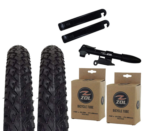 Zol Bundle 2 Pack Road Tires, 2 Bike Tubes 700x38 Presta/French, 2 Tire Levers and 1 Zol Mini Pump - Zol Cycling