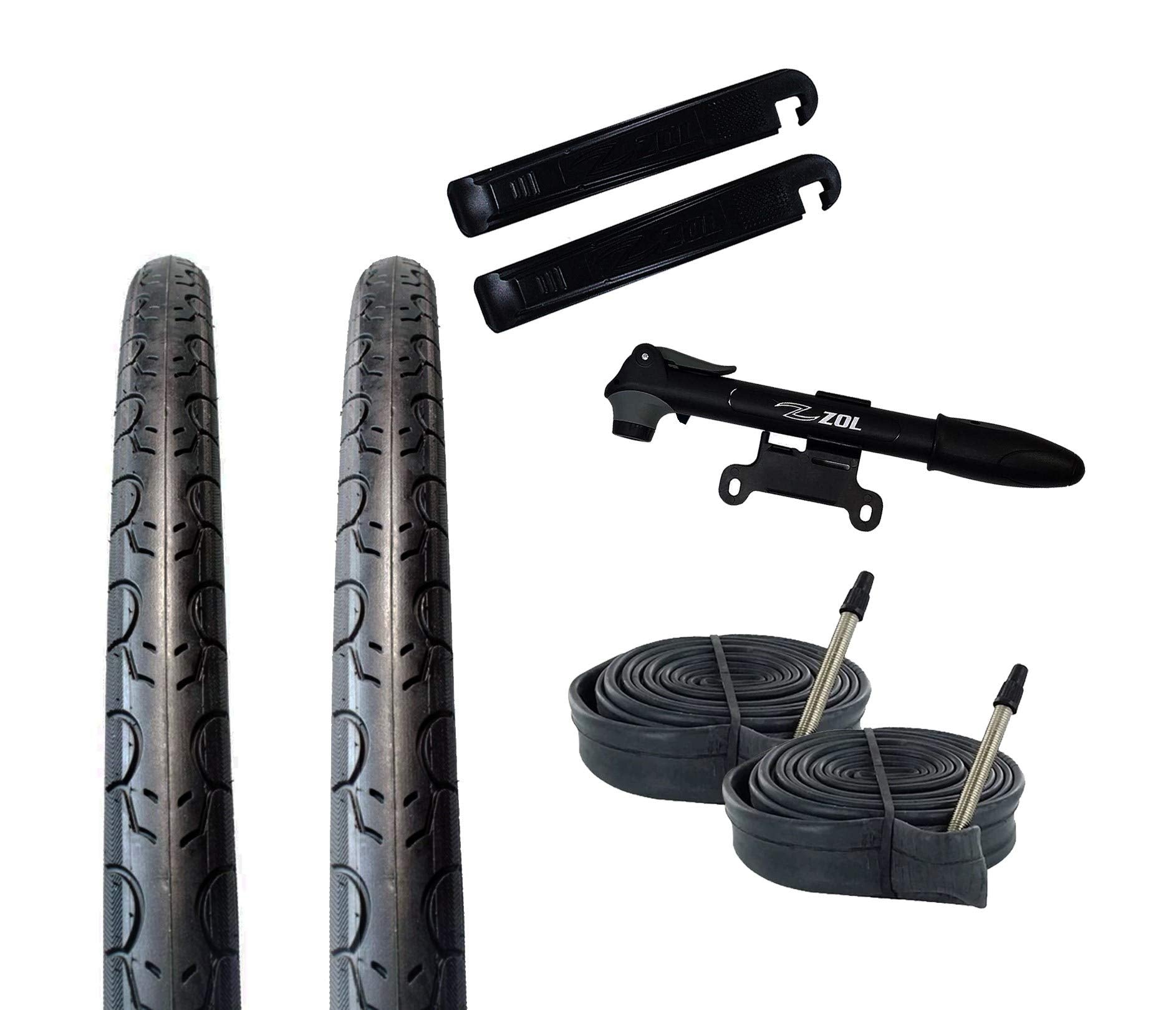 Zol Bundle 2 Pack Road Tires, 2 Bike Tubes 700x28C Presta/French, 2 Tire Levers and 1 Zol Mini Pump - Zol Cycling