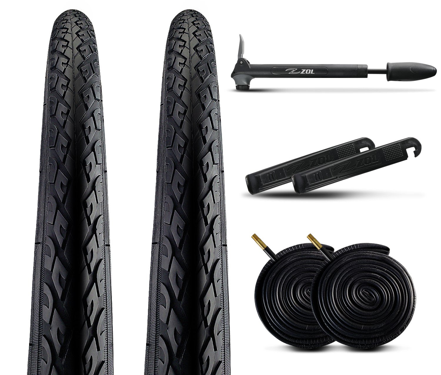 Zol Bundle 2 Pack Road Tires, 2 Bike Tubes 700x38 Schrader, 2 Tire Levers and 1 Zol Mini Pump - Zol Cycling