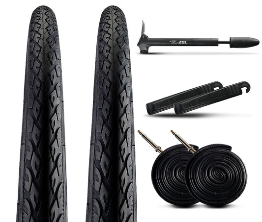 Zol Bundle 2 Pack Road Tires, 2 Bike Tubes 700x38 Presta/French, 2 Tire Levers and 1 Zol Mini Pump - Zol Cycling